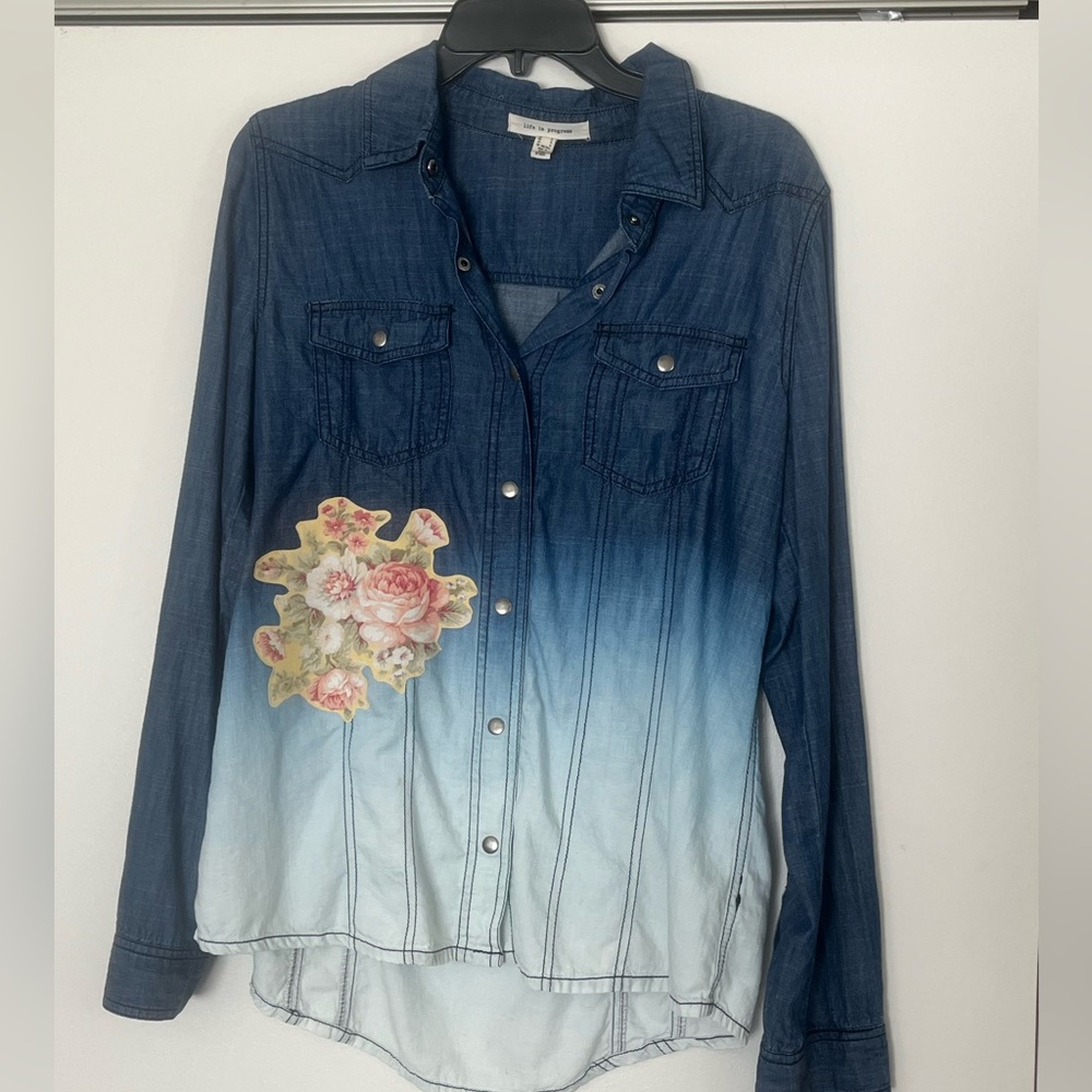 Upcycled Long sleeved Denim shirt with floral appliqué